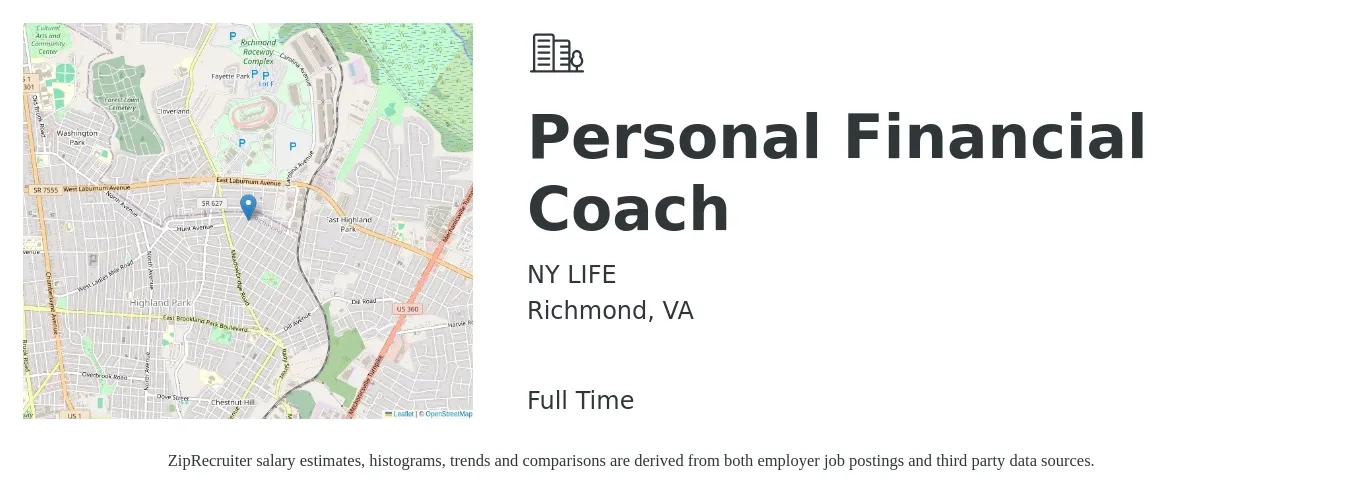 NY LIFE job posting for a Personal Financial Coach in Richmond, VA with a salary of $85,000 to $125,000 Yearly with a map of Richmond location.
