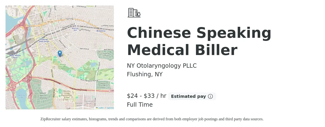 NY Otolaryngology PLLC job posting for a Chinese Speaking Medical Biller in Flushing, NY with a salary of $25 to $35 Hourly with a map of Flushing location.
