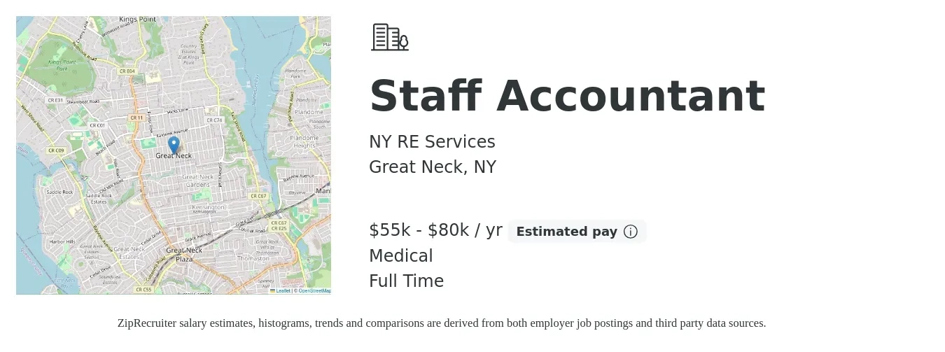 NY RE Services job posting for a Staff Accountant in Great Neck, NY with a salary of $55,000 to $80,000 Yearly and benefits including medical, and pto with a map of Great Neck location.