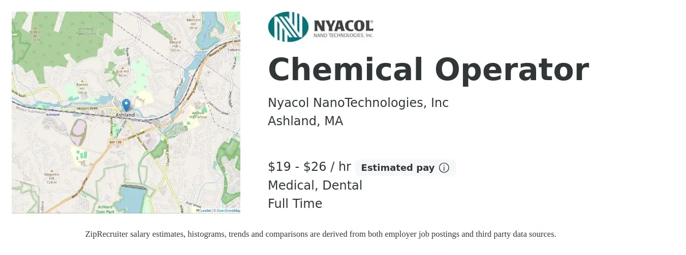 Nyacol NanoTechnologies, Inc job posting for a Chemical Operator in Ashland, MA with a salary of $20 to $28 Hourly and benefits including dental, life_insurance, medical, and retirement with a map of Ashland location.