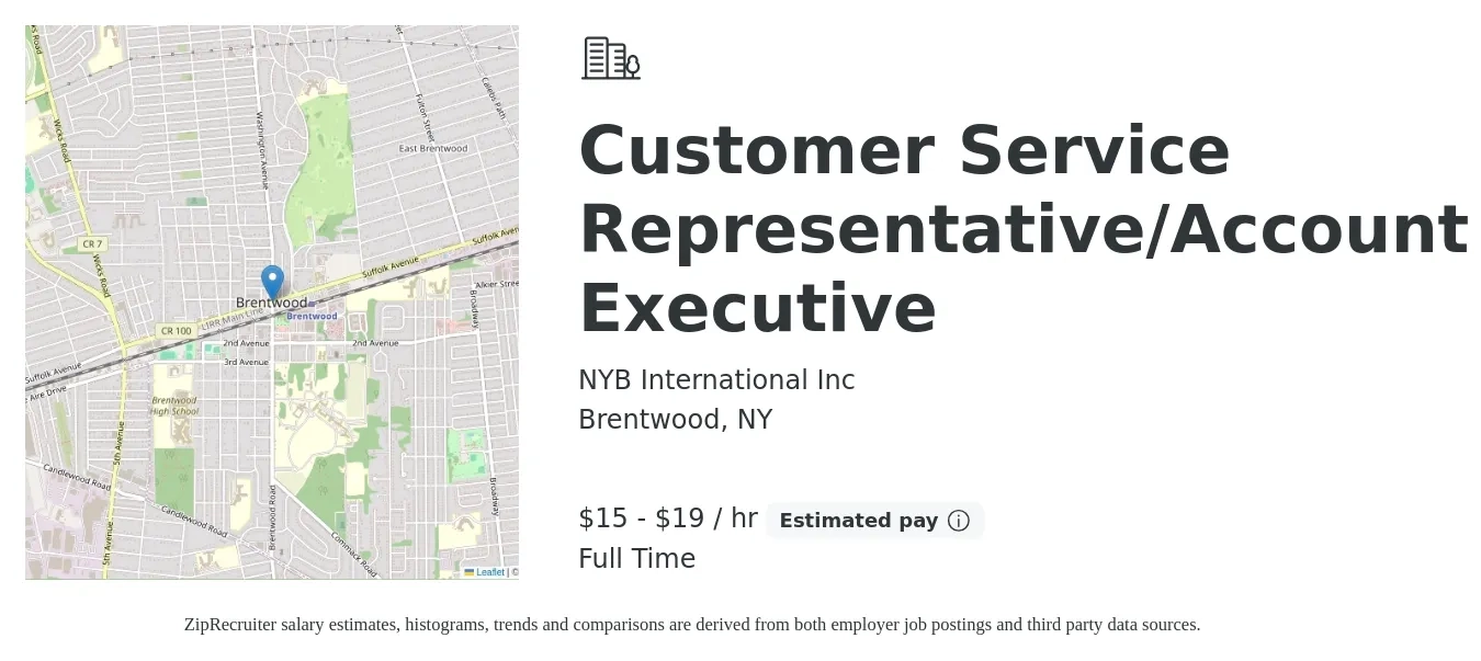 NYB International Inc job posting for a Customer Service Representative/Account Executive in Brentwood, NY with a salary of $16 to $20 Hourly with a map of Brentwood location.