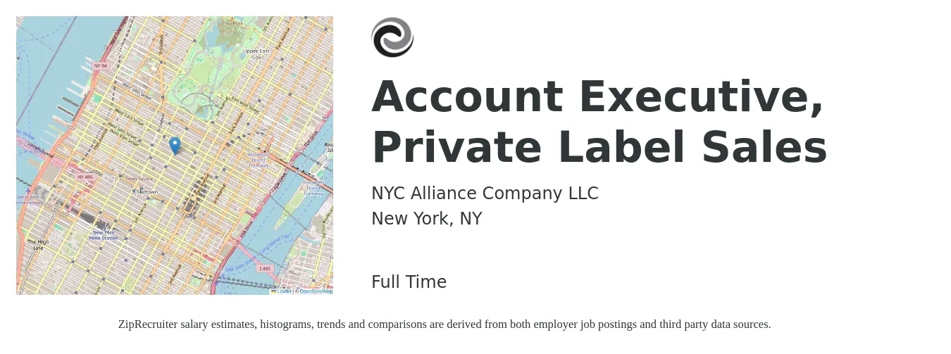 NYC Alliance Company LLC job posting for a Account Executive, Private Label Sales in New York, NY with a salary of $90,000 to $100,000 Yearly with a map of New York location.
