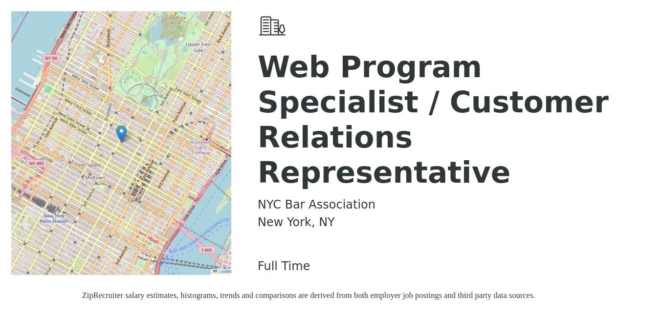 NYC Bar Association job posting for a Web Program Specialist / Customer Relations Representative in New York, NY with a salary of $20 to $29 Hourly with a map of New York location.