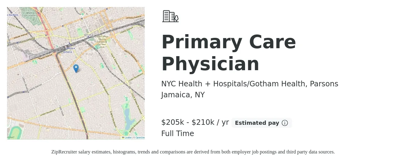 NYC Health + Hospitals/Gotham Health, Parsons job posting for a Primary Care Physician in Jamaica, NY with a salary of $205,000 to $210,000 Yearly with a map of Jamaica location.