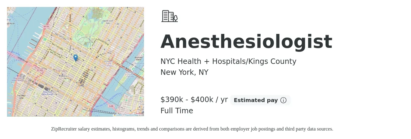 Physician Affiliate Group of New York job posting for a Anesthesiologist in New York, NY with a salary of $390,000 to $400,000 Yearly with a map of New York location.