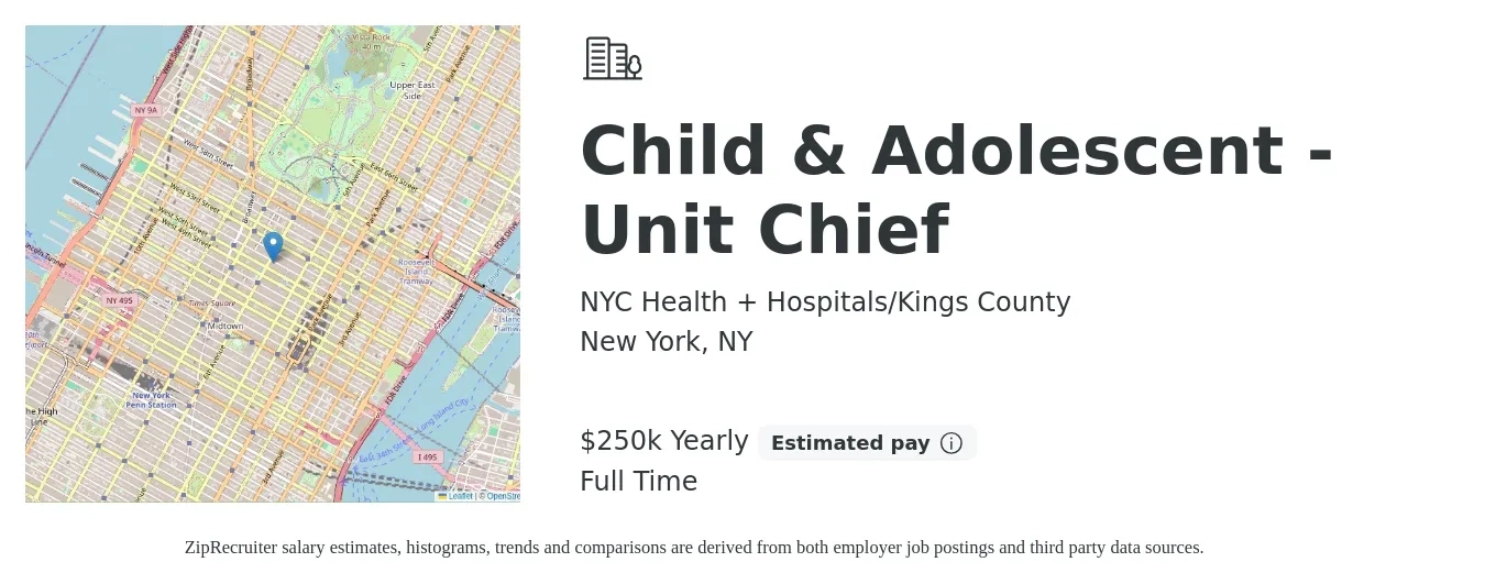 NYC Health + Hospitals/Kings County job posting for a Child & Adolescent - Unit Chief in New York, NY with a salary of $250,000 Yearly with a map of New York location.
