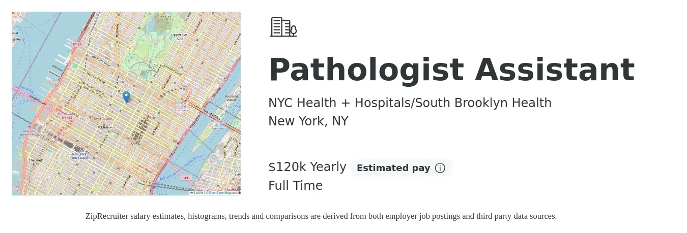 NYC Health + Hospitals/South Brooklyn Health job posting for a Pathologist Assistant in New York, NY with a salary of $120,000 Yearly with a map of New York location.