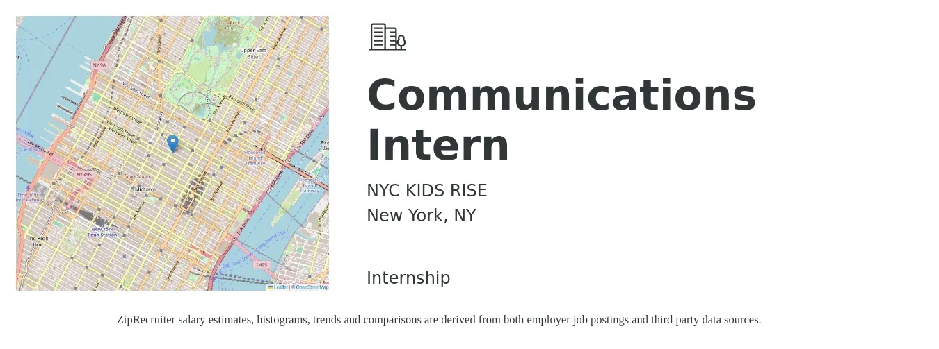 NYC KIDS RISE job posting for a Communications Intern in New York, NY with a salary of $16 to $22 Hourly with a map of New York location.