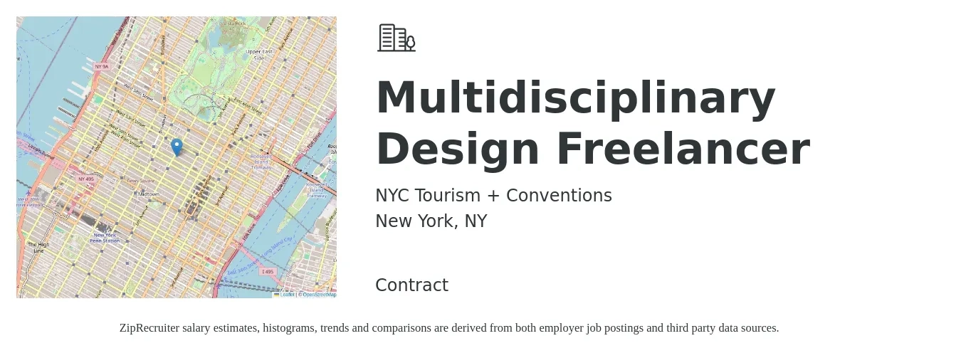 NYC Tourism + Conventions job posting for a Multidisciplinary Design Freelancer in New York, NY with a salary of $60 to $75 Hourly with a map of New York location.