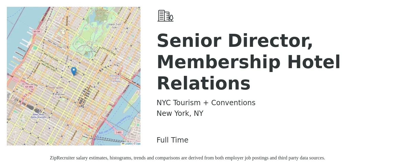 NYC Tourism + Conventions job posting for a Senior Director, Membership Hotel Relations in New York, NY with a salary of $115,000 to $125,000 Yearly with a map of New York location.