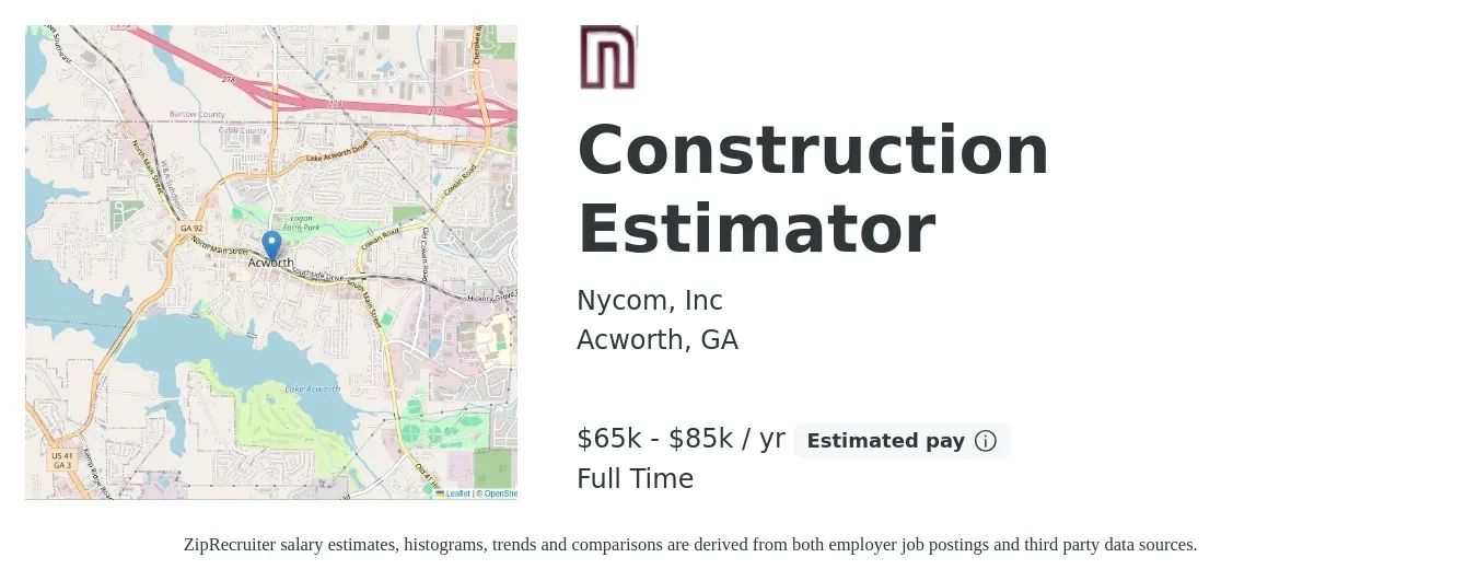 Nycom . Inc job posting for a Construction Estimator in Acworth, GA with a salary of $65,000 to $85,000 Yearly with a map of Acworth location.