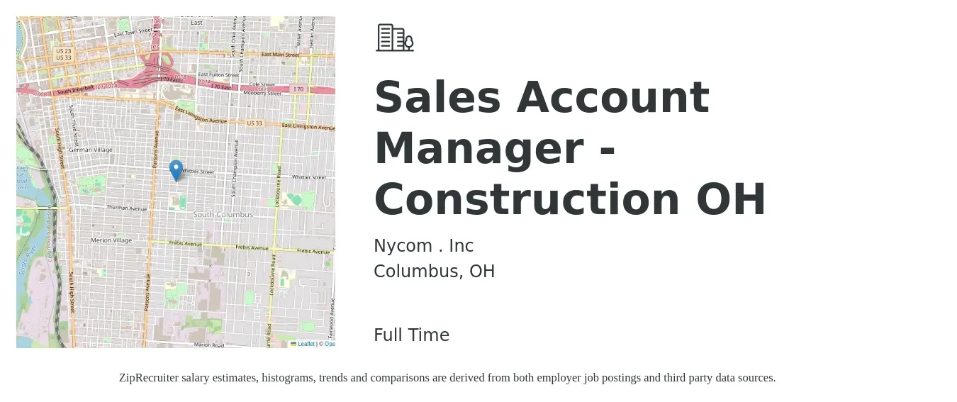 Nycom . Inc job posting for a Sales Account Manager - Construction OH in Columbus, OH with a salary of $46,000 to $72,900 Yearly with a map of Columbus location.
