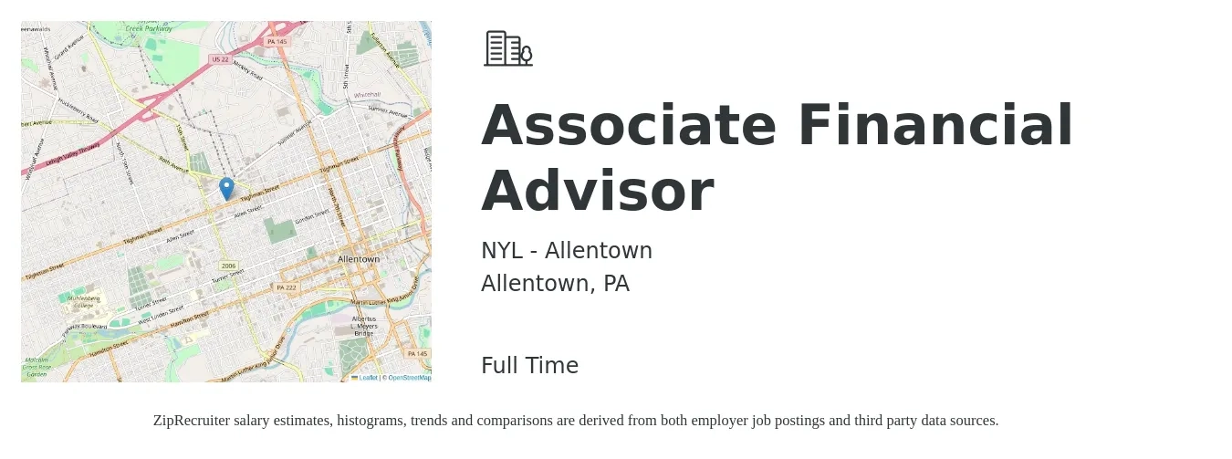 NYL - Allentown job posting for a Associate Financial Advisor in Allentown, PA with a salary of $90,000 to $100,000 Yearly with a map of Allentown location.