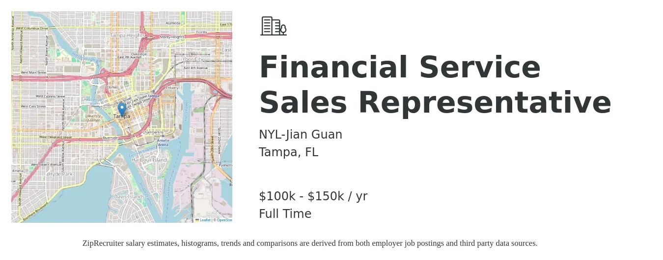 NYL-Jian Guan job posting for a Financial Service Sales Representative in Tampa, FL with a salary of $100,000 to $150,000 Yearly with a map of Tampa location.