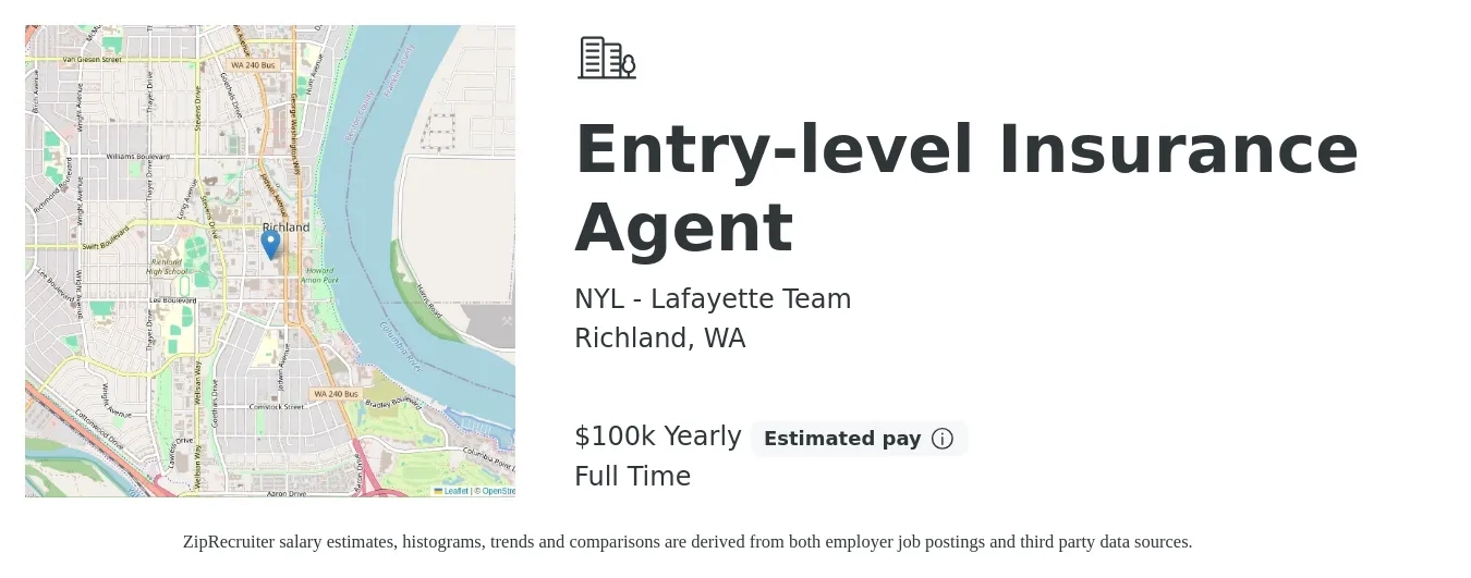 NYL - Lafayette Team job posting for a Entry-Level Insurance Agent in Richland, WA with a salary of $100,000 Yearly with a map of Richland location.