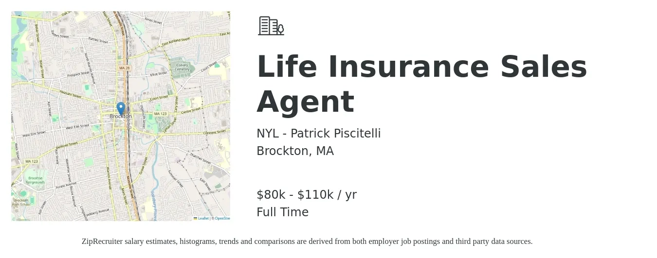 NYL - Patrick Piscitelli job posting for a Life Insurance Sales Agent in Brockton, MA with a salary of $80,000 to $110,000 Yearly with a map of Brockton location.