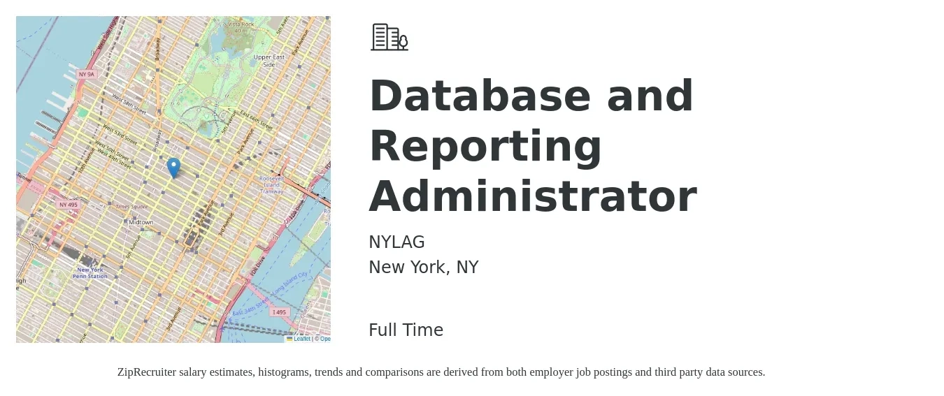 NYLAG job posting for a Database and Reporting Administrator in New York, NY with a salary of $44 to $68 Hourly with a map of New York location.