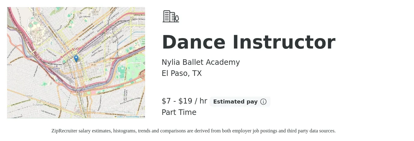 Nylia Ballet Academy job posting for a Dance Instructor in El Paso, TX with a salary of $8 to $20 Hourly with a map of El Paso location.