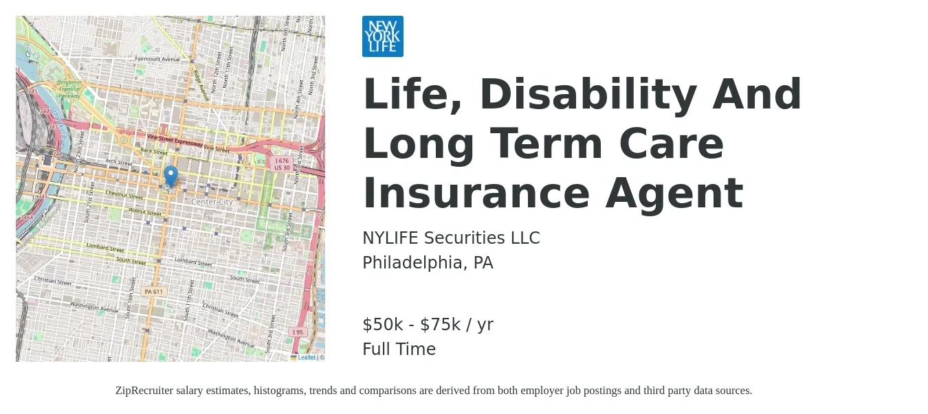NYLIFE Securities LLC job posting for a Life, Disability And Long Term Care Insurance Agent in Philadelphia, PA with a salary of $50,000 to $75,000 Yearly with a map of Philadelphia location.