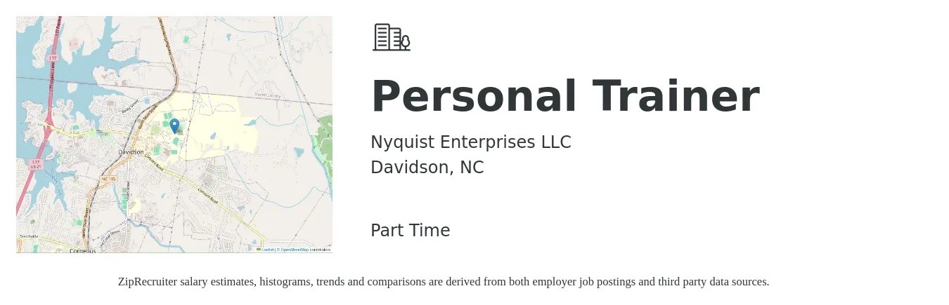 Nyquist Enterprises LLC job posting for a Personal Trainer in Davidson, NC with a salary of $19 to $30 Hourly with a map of Davidson location.