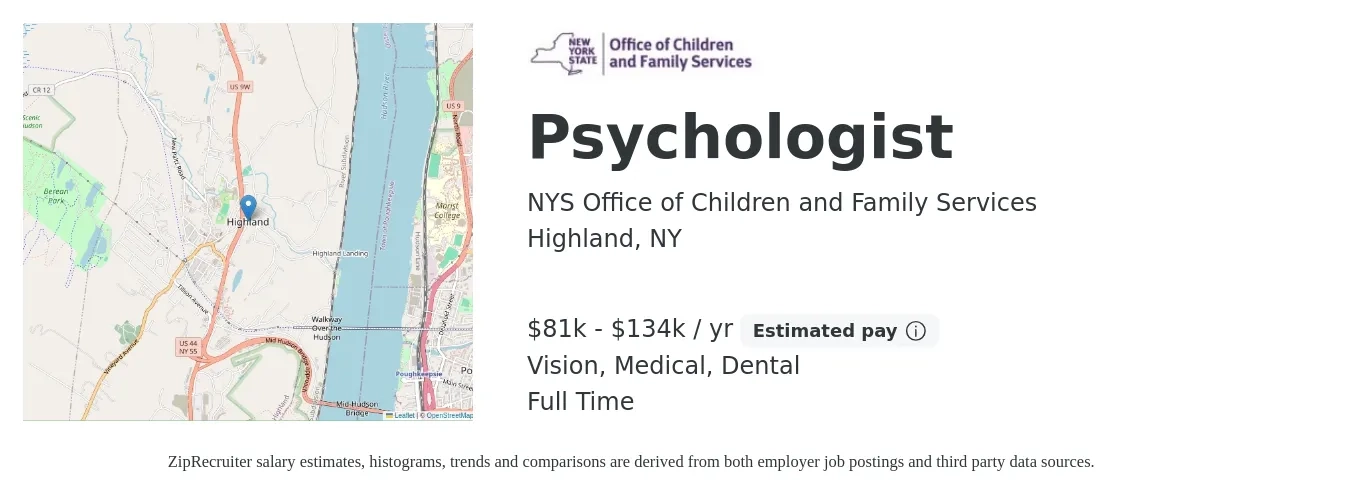 NYS Office of Children and Family Services job posting for a Psychologist in Highland, NY with a salary of $81,705 to $134,444 Yearly and benefits including medical, vision, and dental with a map of Highland location.