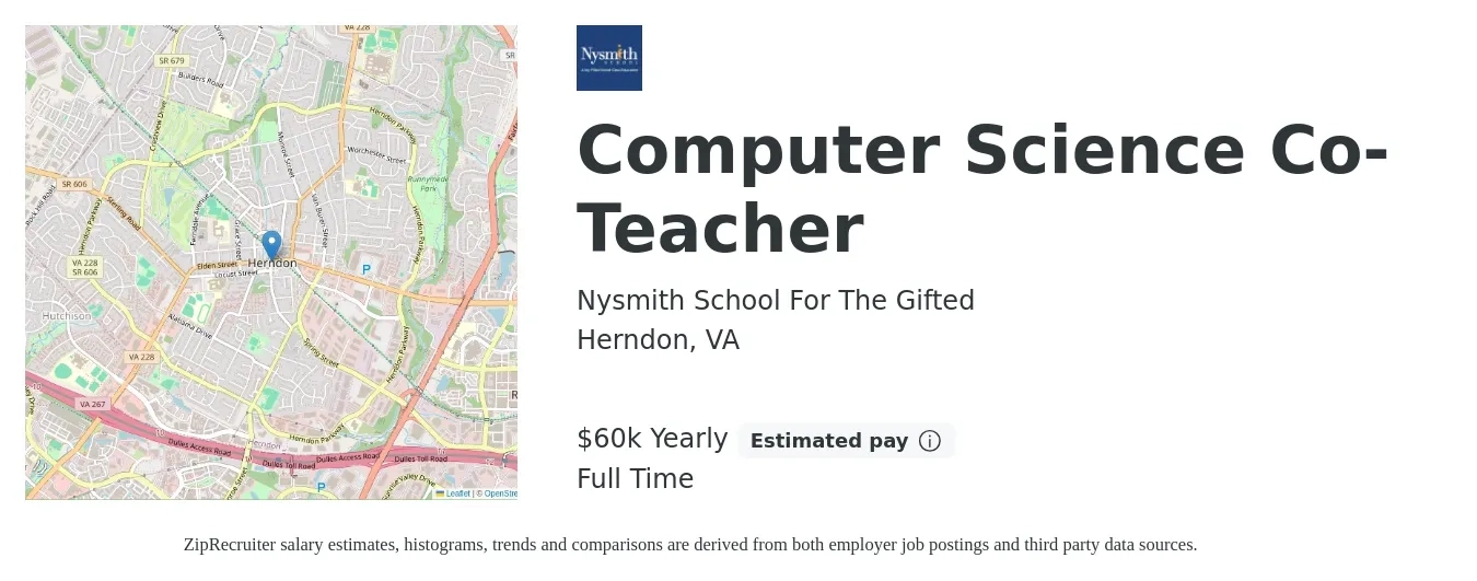 Nysmith School For The Gifted job posting for a Computer Science Co-Teacher in Herndon, VA with a salary of $60,000 Yearly with a map of Herndon location.