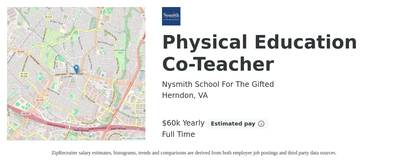 Nysmith School For The Gifted job posting for a Physical Education Co-Teacher in Herndon, VA with a salary of $60,000 Yearly with a map of Herndon location.