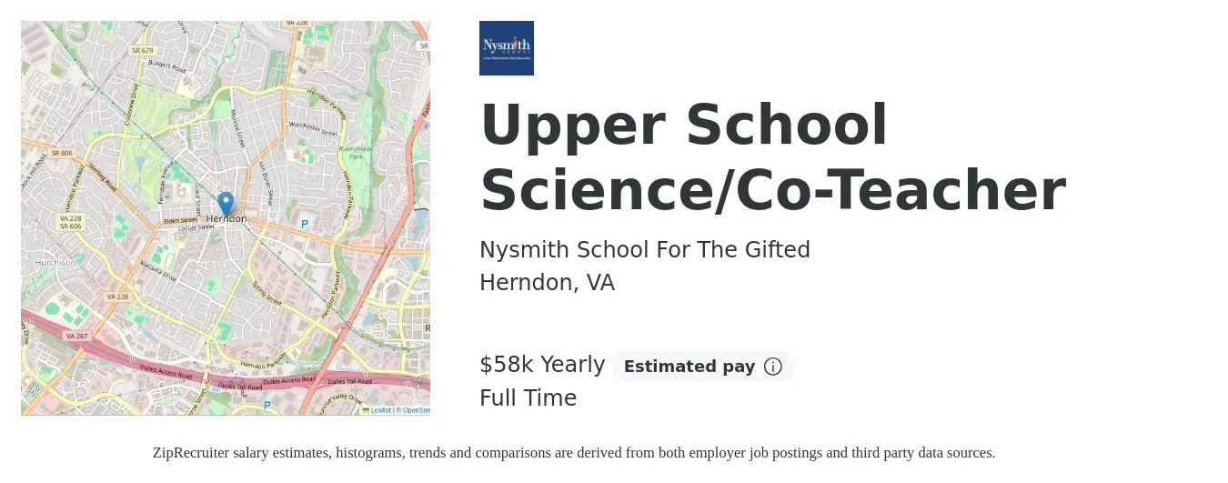 Nysmith School For The Gifted job posting for a Upper School Science/Co-Teacher in Herndon, VA with a salary of $58,000 Yearly with a map of Herndon location.