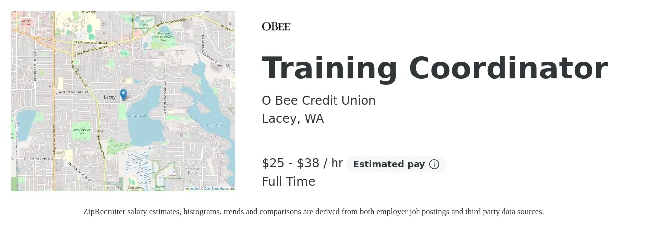 O Bee Credit Union job posting for a Training Coordinator in Lacey, WA with a salary of $27 to $40 Hourly with a map of Lacey location.