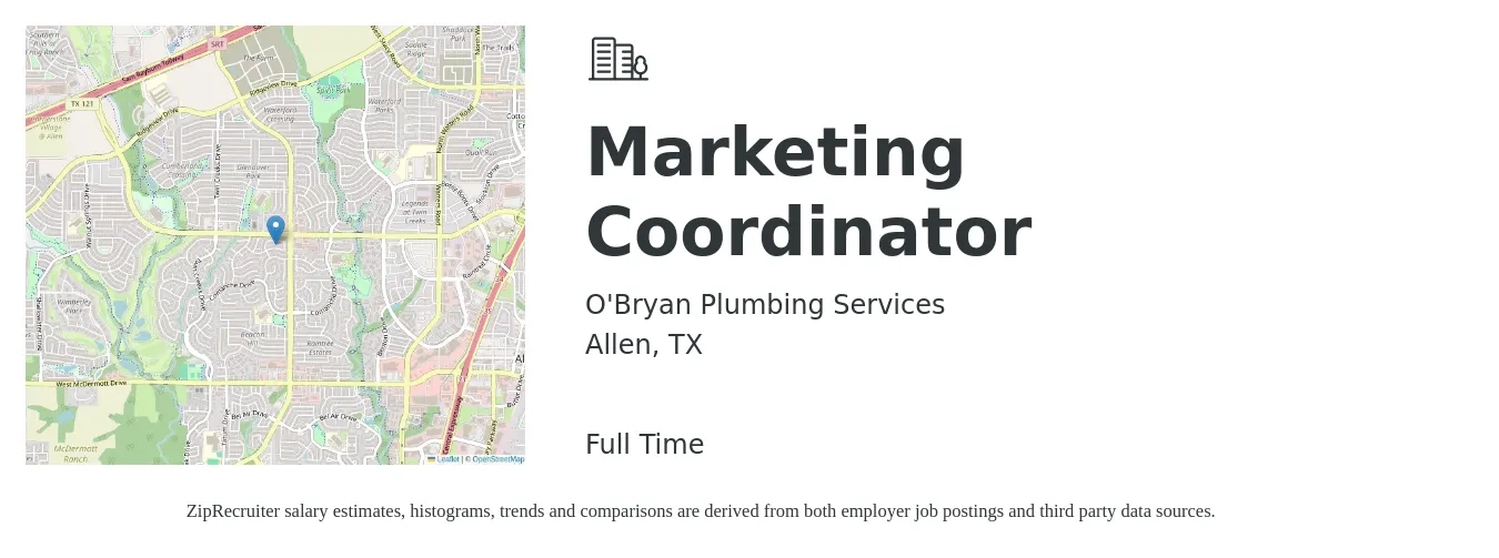 O'Bryan Plumbing Services job posting for a Marketing Coordinator in Allen, TX with a salary of $40,000 to $60,000 Yearly with a map of Allen location.