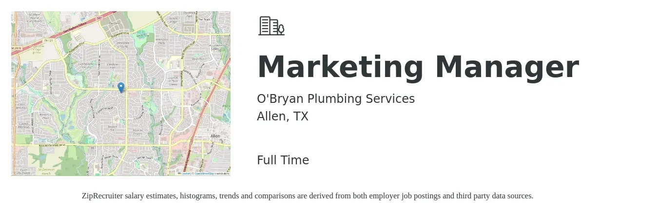 O'Bryan Plumbing Services job posting for a Marketing Manager in Allen, TX with a salary of $60,000 to $90,000 Yearly with a map of Allen location.