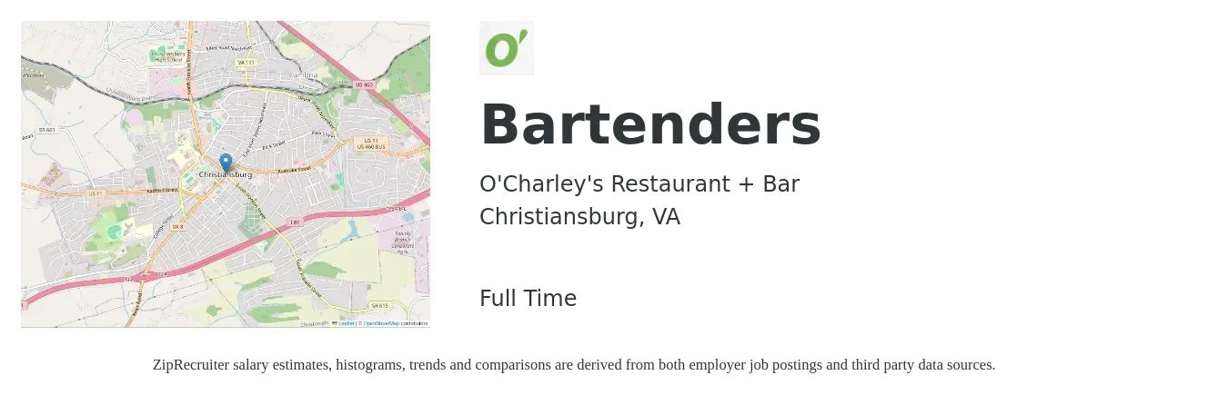 O'Charley's Restaurant + Bar job posting for a Bartenders in Christiansburg, VA with a salary of $9 to $17 Hourly with a map of Christiansburg location.