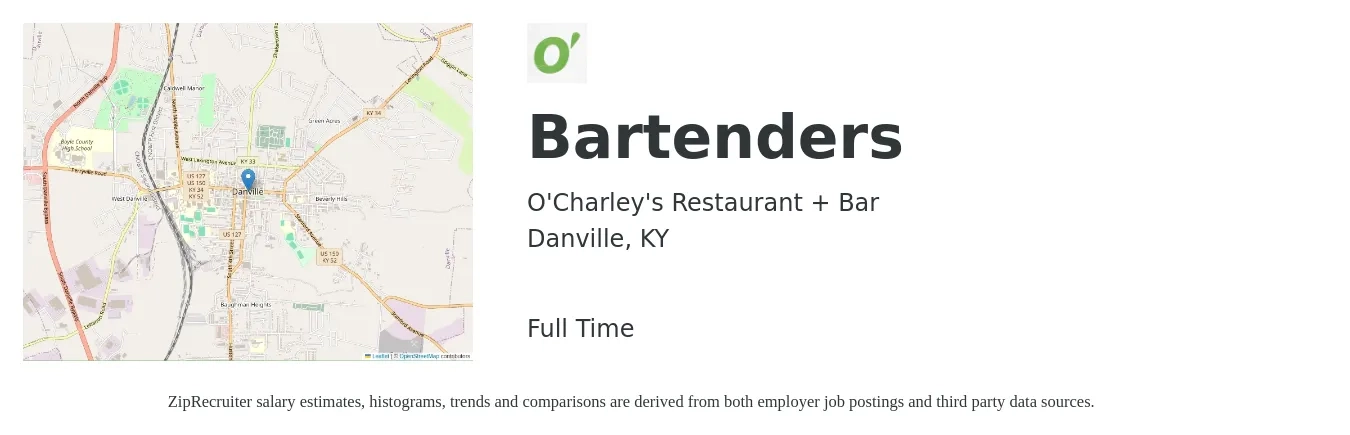 O'Charley's Restaurant + Bar job posting for a Bartenders in Danville, KY with a salary of $8 to $16 Hourly with a map of Danville location.
