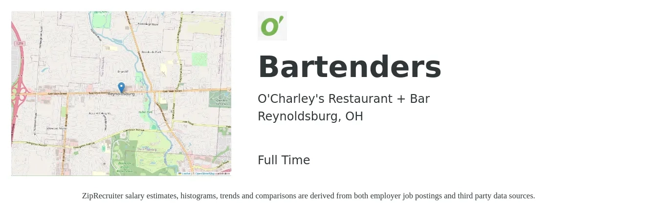 O'Charley's Restaurant + Bar job posting for a Bartenders in Reynoldsburg, OH with a salary of $9 to $17 Hourly with a map of Reynoldsburg location.