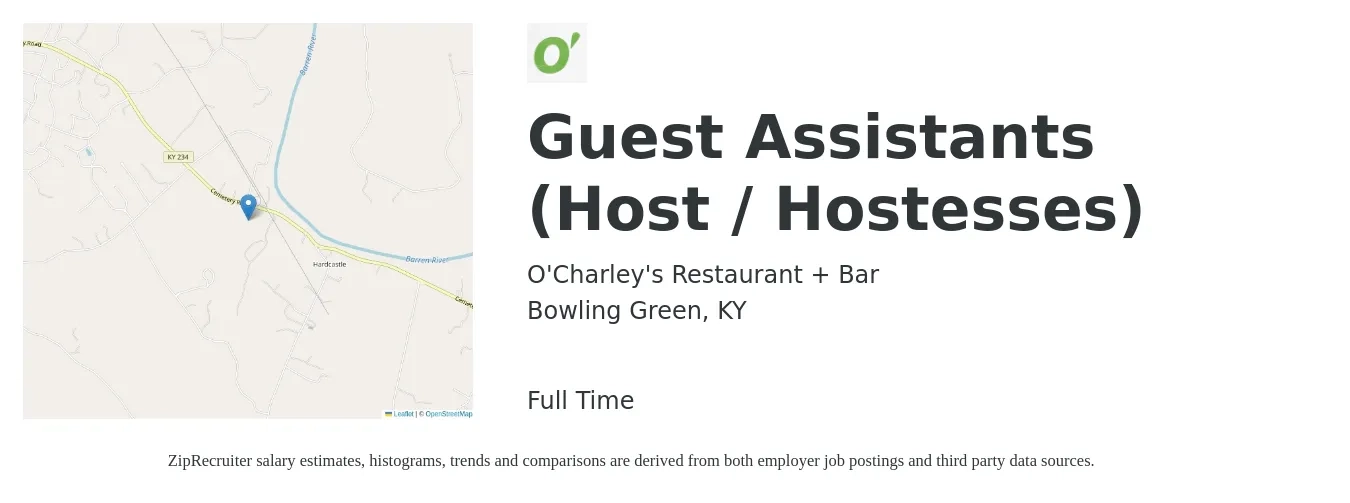 O'Charley's Restaurant + Bar job posting for a Guest Assistants (Host / Hostesses) in Bowling Green, KY with a salary of $12 to $16 Hourly with a map of Bowling Green location.