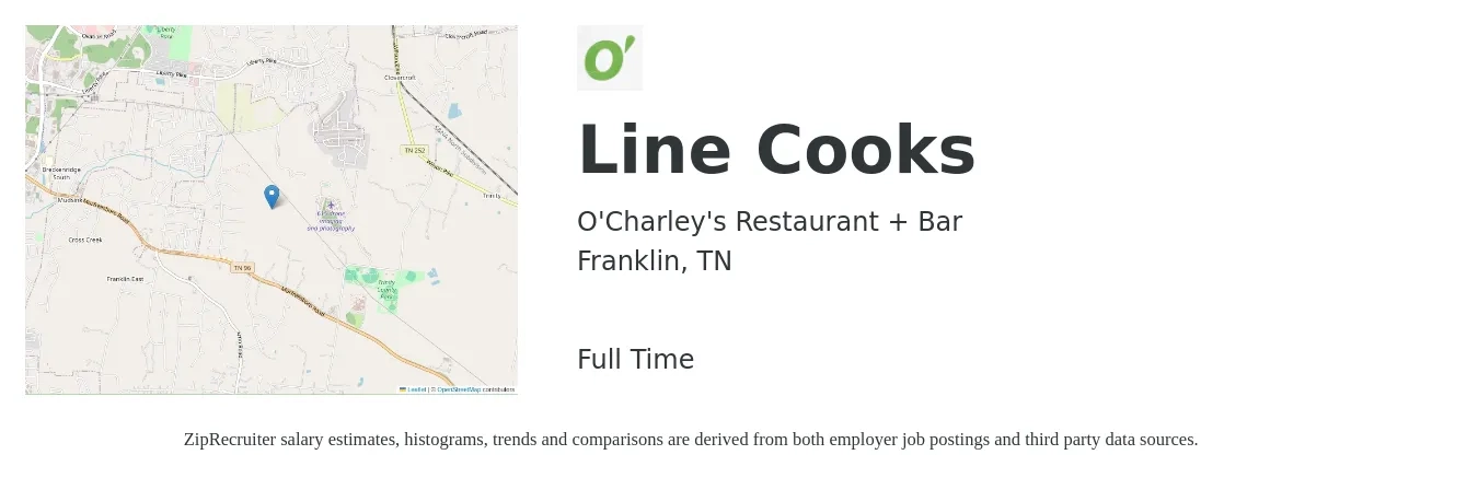 O'Charley's Restaurant + Bar job posting for a Line Cooks in Franklin, TN with a salary of $16 to $20 Hourly with a map of Franklin location.