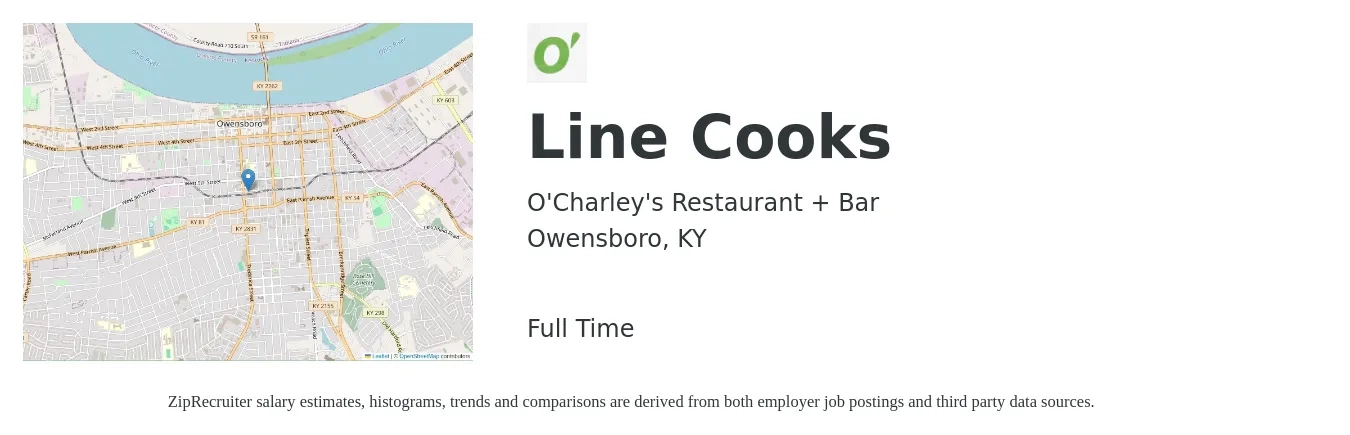 O'Charley's Restaurant + Bar job posting for a Line Cooks in Owensboro, KY with a salary of $16 to $20 Hourly with a map of Owensboro location.