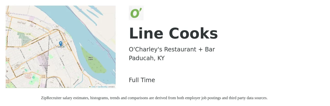 O'Charley's Restaurant + Bar job posting for a Line Cooks in Paducah, KY with a salary of $16 to $19 Hourly with a map of Paducah location.