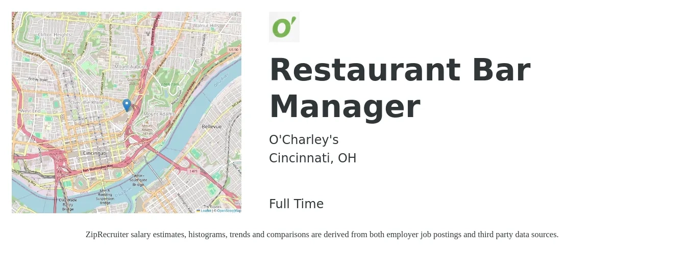 O'Charley's job posting for a Restaurant Bar Manager in Cincinnati, OH with a salary of $51,800 to $70,000 Yearly with a map of Cincinnati location.