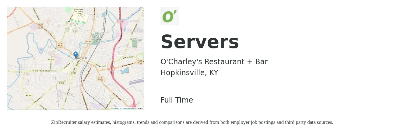 O'Charley's Restaurant + Bar job posting for a Servers in Hopkinsville, KY with a salary of $9 to $15 Hourly with a map of Hopkinsville location.