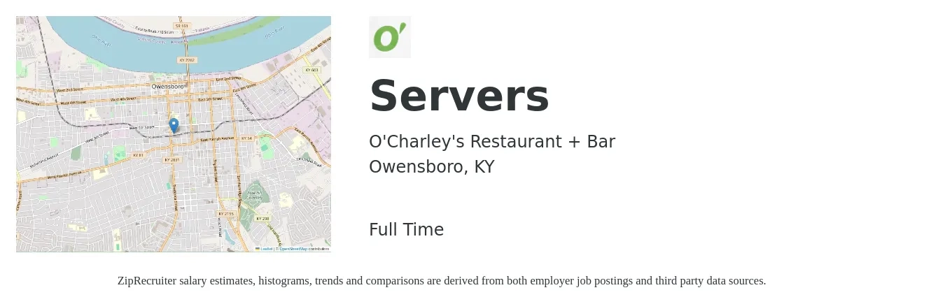 O'Charley's Restaurant + Bar job posting for a Servers in Owensboro, KY with a salary of $11 to $18 Hourly with a map of Owensboro location.