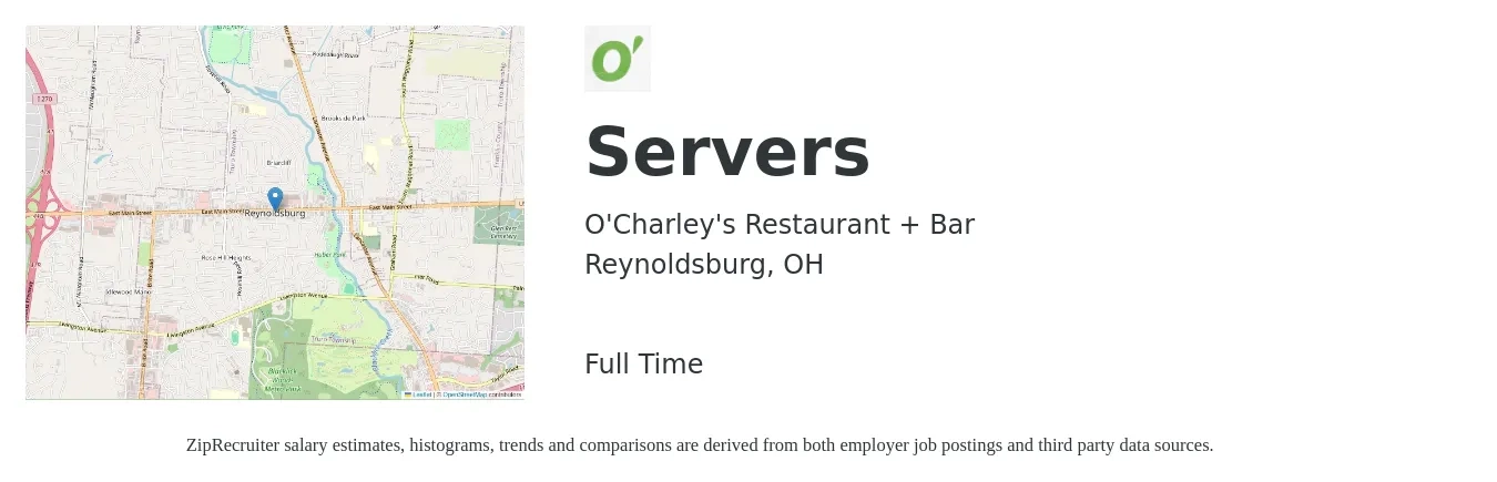 O'Charley's Restaurant + Bar job posting for a Servers in Reynoldsburg, OH with a salary of $10 to $16 Hourly with a map of Reynoldsburg location.