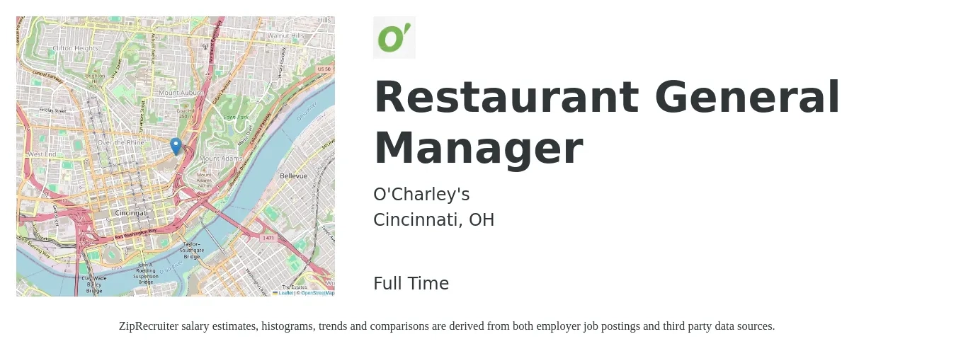 O'Charley's job posting for a Restaurant General Manager in Cincinnati, OH with a salary of $51,900 to $71,500 Yearly with a map of Cincinnati location.