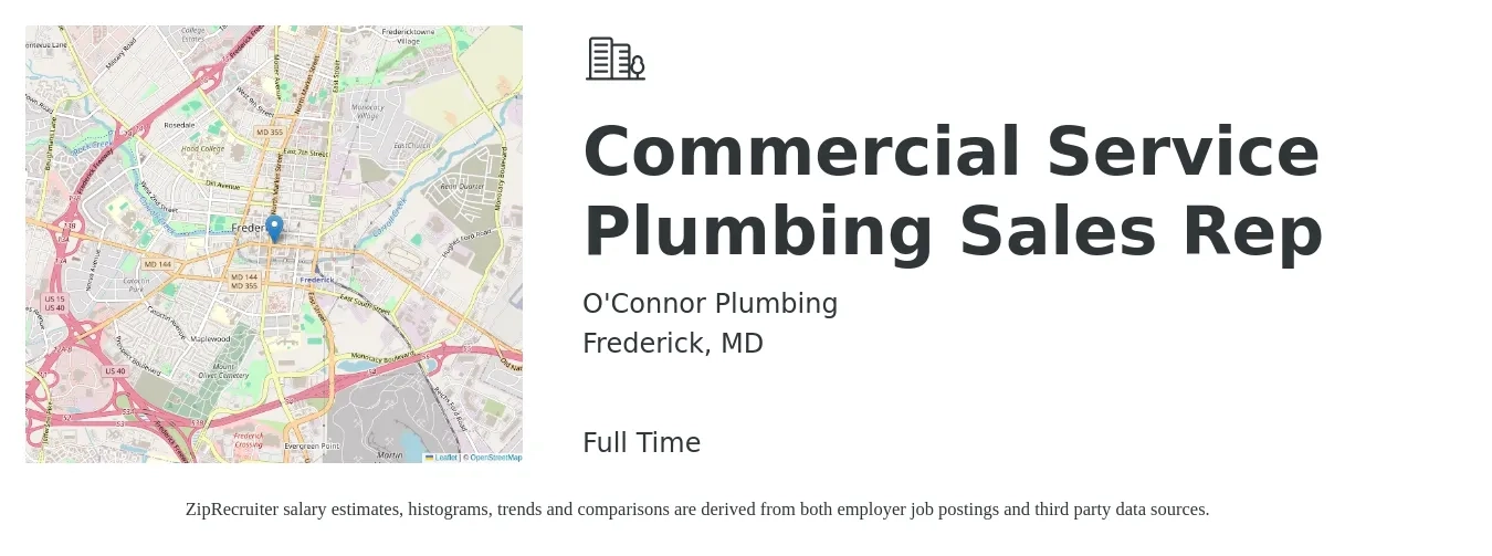 O'Connor Plumbing job posting for a Commercial Service Plumbing Sales Rep in Frederick, MD with a salary of $26 to $37 Hourly with a map of Frederick location.