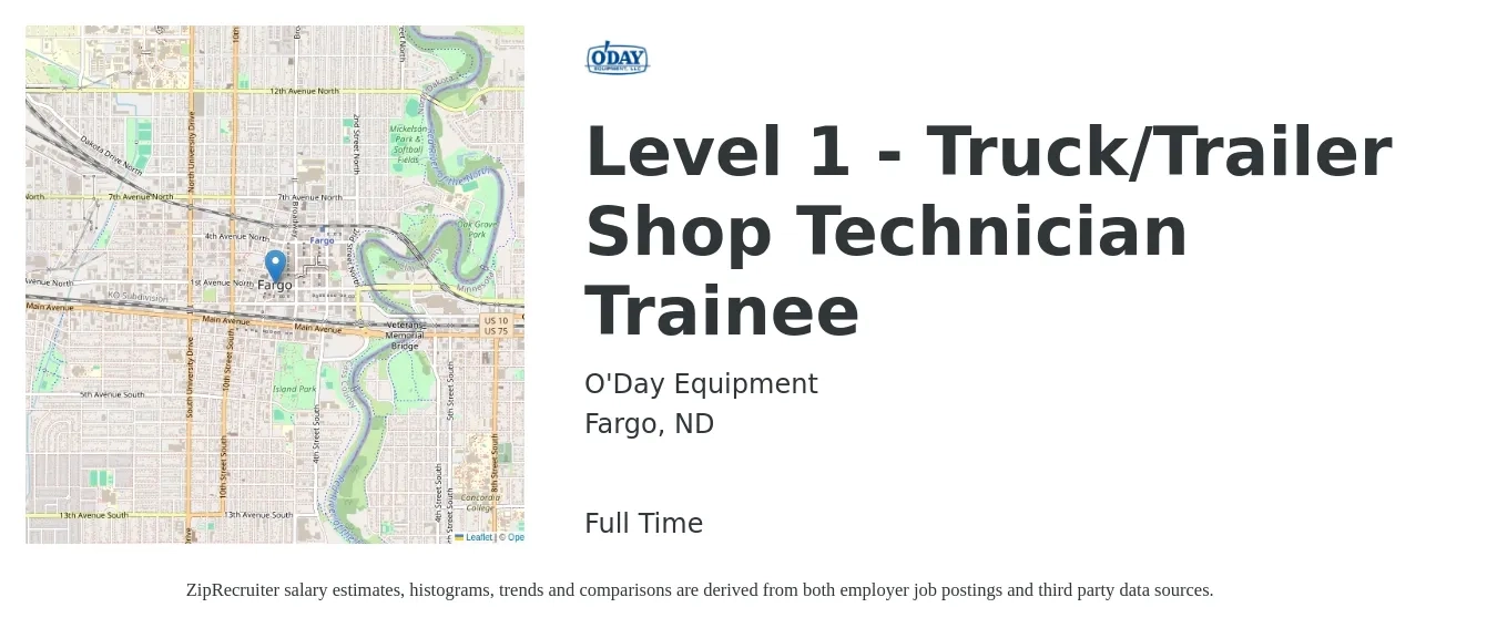 O'Day Equipment job posting for a Level 1 - Truck/Trailer Shop Technician Trainee in Fargo, ND with a salary of $29,500 to $41,200 Yearly with a map of Fargo location.