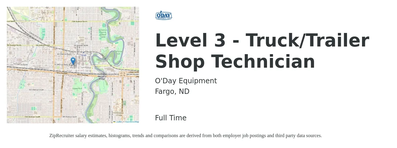O'Day Equipment job posting for a Level 3 - Truck/Trailer Shop Technician in Fargo, ND with a salary of $20 to $28 Hourly with a map of Fargo location.