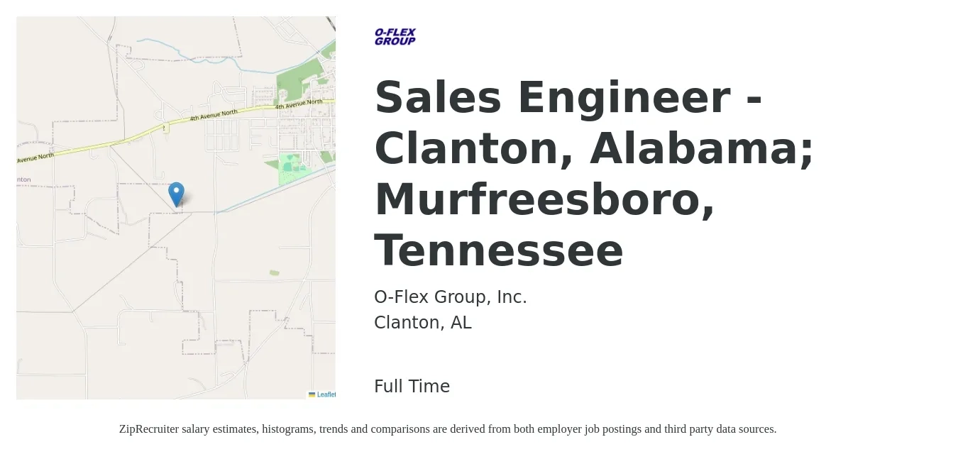 O-Flex Group, Inc. job posting for a Sales Engineer - Clanton, Alabama; Murfreesboro, Tennessee in Clanton, AL with a salary of $68,500 to $102,700 Yearly with a map of Clanton location.