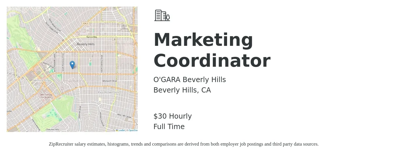 O'GARA Beverly Hills job posting for a Marketing Coordinator in Beverly Hills, CA with a salary of $32 Hourly with a map of Beverly Hills location.