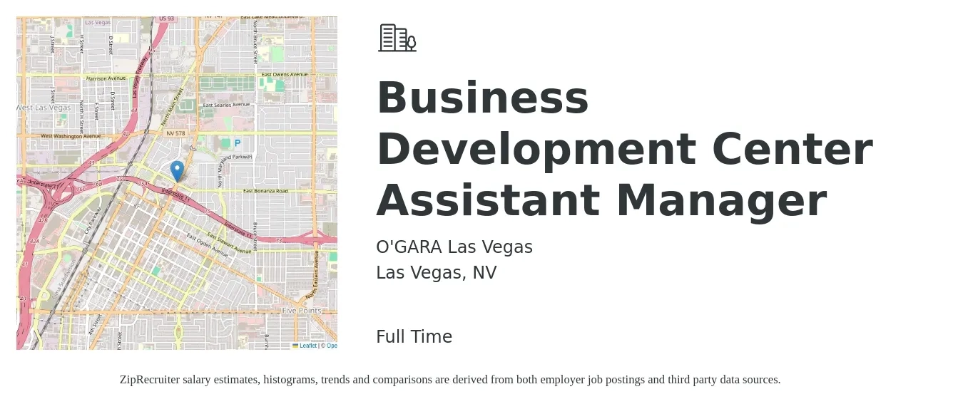 O'GARA Las Vegas job posting for a Business Development Center Assistant Manager in Las Vegas, NV with a salary of $39,600 to $60,600 Yearly with a map of Las Vegas location.
