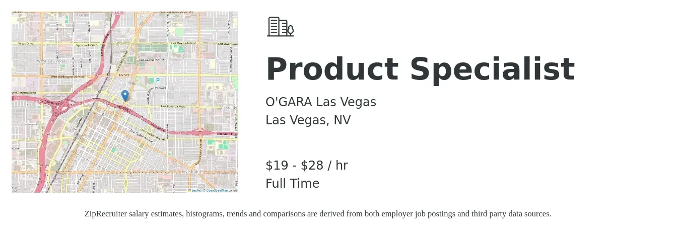 O'GARA Las Vegas job posting for a Product Specialist in Las Vegas, NV with a salary of $20 to $30 Hourly with a map of Las Vegas location.